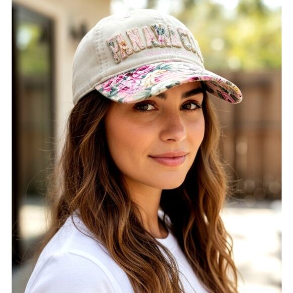 PANAMA CITY Emerald Coast Robin Ruth Khaki/Floral Ball Cap-Distressed Hat Women - Picture 2 of 8